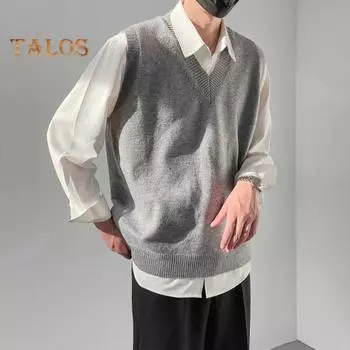 Мужской трикотажный свитер, жилет с V-образным вырезом, без рукавов, свитер, повседневный свободный жилет для повседневной носки, деловой костюм M хаки