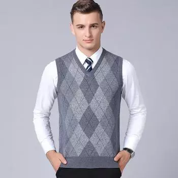 Мужской трикотажный свитер-жилет с V-образным вырезом: Шерсть, цветные блоки, повседневная, плотная, без рукавов для среднего возраста. Идеально подходит для осени и зимы. XXXL