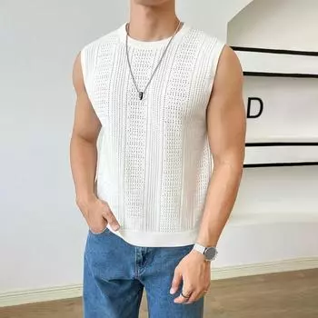 Мужской трикотажный топ без рукавов, мужской летний ажурный дышащий трикотажный жилет для повседневной носки в уличном стиле, облегающий крой, однотонный, без рукавов M абрикосовый