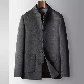 Мужской твидовый пиджак осенне-зимний китайский воротник-стойка с пряжками-дисками в стиле Тан, молодежный разгрузочный пуховый двусторонний твидовый пиджак 170 чёрный