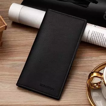 Мужской ультратонкий мягкий кожаный кошелек: Сплошной цвет, несколько отделений для карт, простой, модный, легкий. чёрный