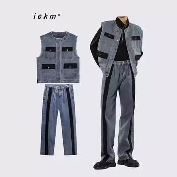 Мужской уличный костюм Cool Street: Контрастная джинсовая жилетка и широкие брюки 3XL синий