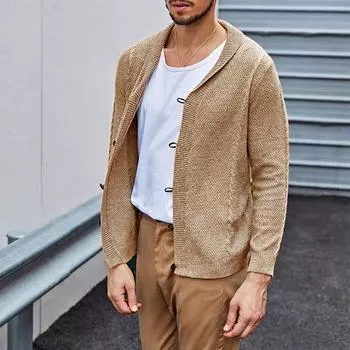 Мужской уличный повседневный свободный кардиган с воротником, кожаными пуговицами, однотонный вязаный свитер с длинным рукавом и скрученным узором L хаки