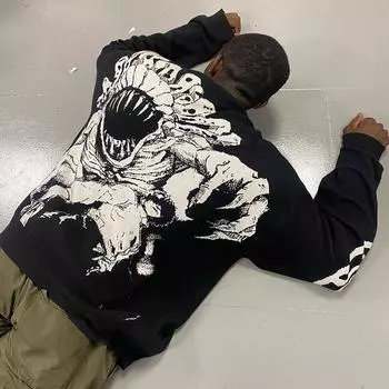 Мужской уличный ретро-дьявол с рисунком аниме вязаный узор хип-хоп пуловер повседневный свитер M чёрный