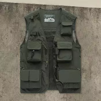 Мужской уличный жилет с несколькими карманами, цветной съемный тканевый жилет для рыбалки, однотонный жилет для фотографий с дизайном на молнии XL армия зеленый
