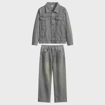 Мужской универсальный костюм из жаккардовой джинсовой ткани с пиджаком с лацканами и широкими брюками M синий