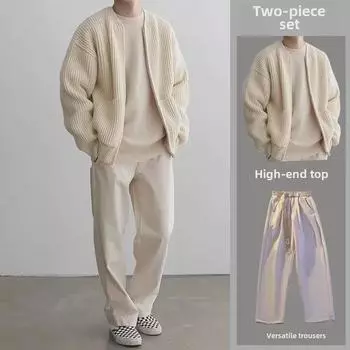 Мужской универсальный однотонный трикотажный кардиган на молнии с повседневными свободными брюками X Large