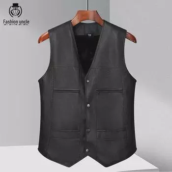 Мужской утепленный жилет из кожи и бархата на осень/зиму - Теплый жилет для людей среднего и пожилого возраста XL (Recommended 100-130 jin) чёрный