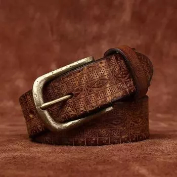 Мужской утолщенный и очень толстый ремень из натуральной кожи крупного рогатого скота с персонализированным тиснением, потертый повседневный ремень с латунной пряжкой в стиле ретро