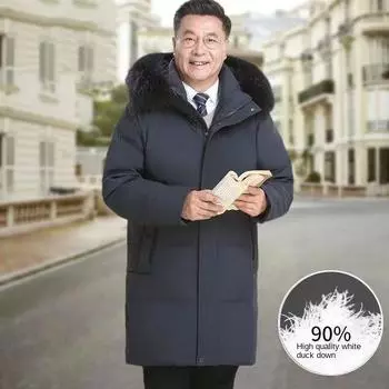 Мужской утолщенный пуховик средней длины, теплая куртка на белом утином пуху для среднего и пожилого возраста, зимнее пальто M чёрный
