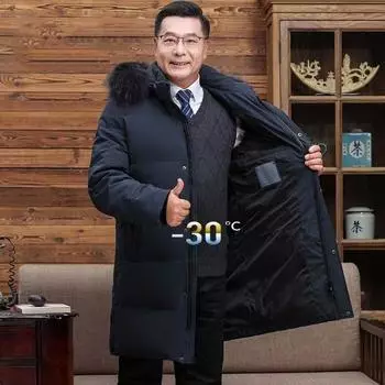 Мужской утолщенный пуховик средней длины, теплая куртка на белом утином пуху для среднего и пожилого возраста, зимнее пальто M чёрный