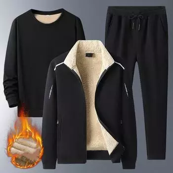 Мужской утолщенный свитер из трех частей из овечьего бархата и бархата + куртка + брюки, свободная спортивная зимняя теплая зимняя одежда для пап среднего возраста, для отдыха S серый