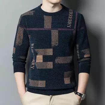 Мужской утолщенный свитер из жаккарда синели - длинный рукав, круглая горловина, высококачественный бархатный пуловер 165/M, SM2011 чёрный/орхидейный