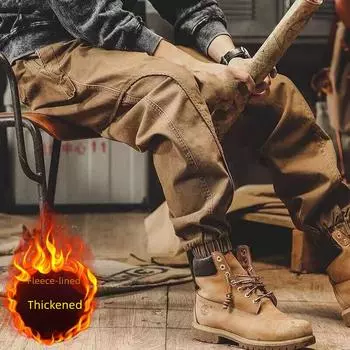 Мужской утолщенный винтажный комбинезон с манжетами - повседневные брюки на осень и зиму с плюшевой подкладкой Medium
