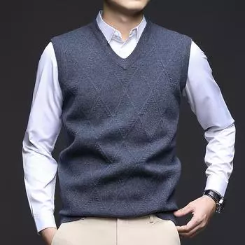 Мужской утолщенный жилет Молодежный трикотажный жилет без рукавов Жилет с V-образным вырезом Повседневный жилет из жаккардового трикотажа Мужской топ 165