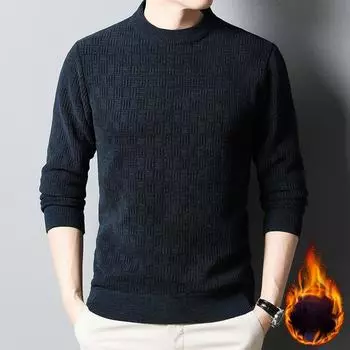 Мужской уютный свитер ромбовидной вязки на флисовой подкладке - повседневный свитер с длинными рукавами для осени/зимы, круглый вырез M серый