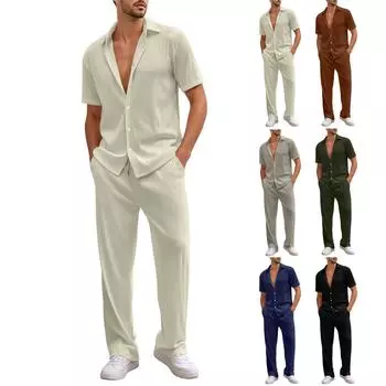 Мужской вельветовый костюм-двойка с рубашкой с короткими рукавами и брюками L армия зеленый