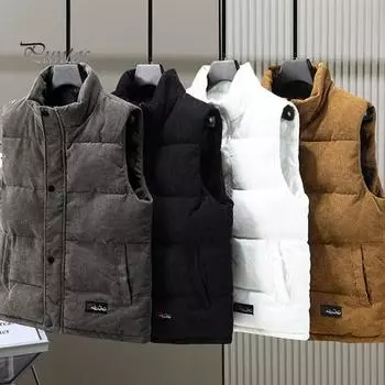 Мужской вельветовый жилет, пальто с воротником-стойкой, без рукавов, однобортный хлопковый жилет с карманами, однотонный теплый жилет M серый