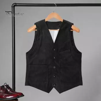 Мужской вельветовый жилет, пальто с V-образным вырезом, без рукавов, однобортный жилет на пуговицах с карманами, однотонный жилет, куртка M чёрный