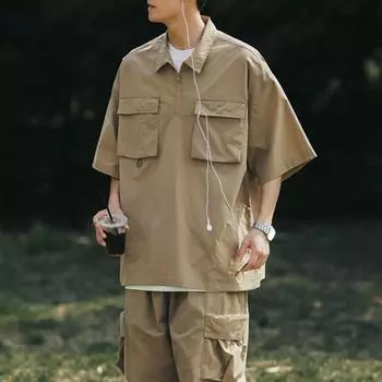 Мужской верх-карго, нагрудные карманы, цвет, свободный размер, молния, плюс однотонная уличная одежда в стиле хип-хоп, плюс размер, половина рукава M хаки