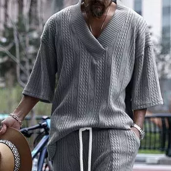 Мужской верх вязаный V-образный вырез с половиной рукавом свободный мешковатый сплошной цвет ретро аппликация эластичный мягкий дышащий средней длины спортивная повседневная футболка мужская футболка L чёрный