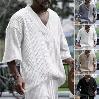 Мужской верх вязаный V-образный вырез с половиной рукавом свободный мешковатый сплошной цвет ретро аппликация эластичный мягкий дышащий средней длины спортивная повседневная футболка мужская футболка M светло-серый