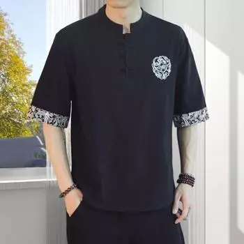 Мужской верхний воротник-стойка в китайском винтажном стиле, сплошной цвет с принтом, вышитая свободная половина рукава M белый