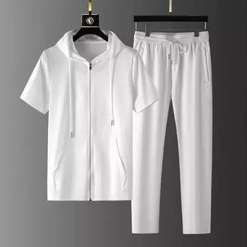 Мужской весенне-летний повседневный кардиган большого размера, свободная куртка с капюшоном, брючный костюм