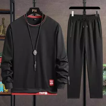 Мужской весенне-осенний однослойный повседневный костюм с круглым вырезом и повседневными брюками, комплект из двух предметов XS