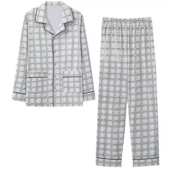 Мужской весенне-осенний пижамный комплект, с воротником с лацканами и длинными рукавами, моющийся, быстросохнущий, с принтом, семейная домашняя одежда, одежда для сна L синий