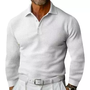 Мужской весенне-осенний топ с отложным воротником на пуговицах с вафельной текстурой, длинные рукава, однотонный, тонкий M светло-серый