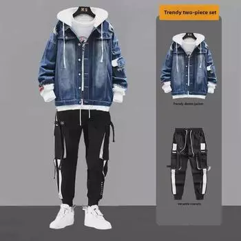 Мужской весенний джинсовый костюм-двойка: Стильный комплект из куртки и брюк M