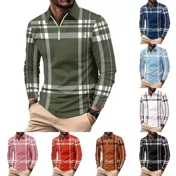 Мужской весенний клетчатый топ с полумолнией и лацканами, длинный рукав, мужские повседневные модные топы M