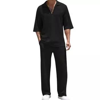 Мужской весенний костюм из рубашки и брюк с рукавом три четверти Мужской повседневный модный костюм из рубашки и брюк L чёрный