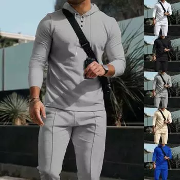 Мужской весенний однотонный комплект из толстовки с капюшоном и длинными рукавами на пуговицах и спортивных штанов L чёрный