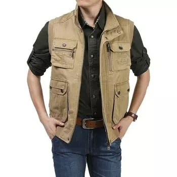 Мужской весенний повседневный хлопковый жилет большого размера с несколькими карманами S армия зеленый