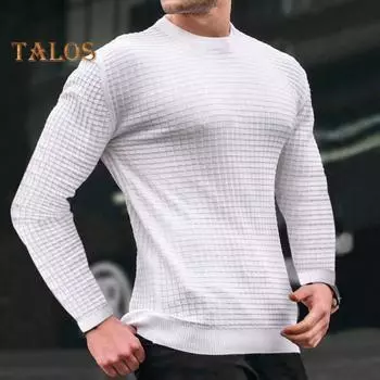 Мужской весенний топ с 3D-клеткой, текстурой O-образного выреза, облегающий крой, длинный рукав, низ, однотонная эластичная футболка-пуловер M чёрный