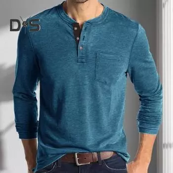 Мужской весенний топ с нагрудным карманом, застегивающимся на пуговицы О-образным вырезом, облегающий крой, длинный рукав, низ, однотонная эластичная футболка-пуловер M чёрный