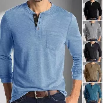 Мужской весенний топ с нагрудным карманом, застегивающимся на пуговицы О-образным вырезом, облегающий крой, длинный рукав, низ, однотонная эластичная футболка-пуловер XXXL синий