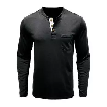 Мужской весенний топ с нагрудным карманом, застегивающимся на пуговицы О-образным вырезом, облегающий крой, длинный рукав, низ, однотонная эластичная футболка-пуловер S чёрный