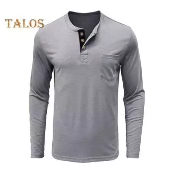 Мужской весенний топ с нагрудным карманом, застегивающимся на пуговицы О-образным вырезом, облегающий крой, длинный рукав, низ, однотонная эластичная футболка-пуловер S синий