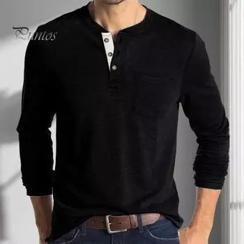 Мужской весенний топ с нагрудным карманом, застегивающимся на пуговицы О-образным вырезом, облегающий крой, длинный рукав, низ, однотонная эластичная футболка-пуловер L светло-синий