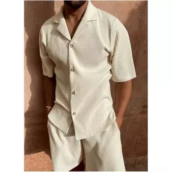 Мужской весенний вельветовый спортивный костюм, однотонная повседневная футболка с лацканами + шорты, комплект из двух предметов 2XL чёрный