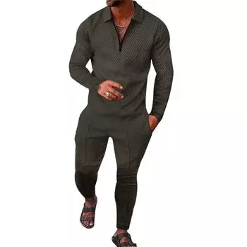 Мужской весенний воротник 3D однотонный повседневный комплект из толстовки с длинными рукавами и спортивных брюк, повседневный комплект L армия зеленый