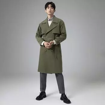 Мужской ветрозащитный плащ, длинный классический двубортный плащ с лацканами, верхняя одежда с поясом M зелёный
