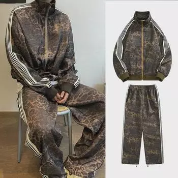 Мужской винтажный американский ретро-комплект из спортивной куртки и спортивных штанов с леопардовым принтом L