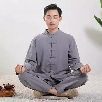 Мужской винтажный комплект одежды для тайцзи, рубашка с длинными рукавами и пуговицами + брюки, комплект из двух предметов 4XL