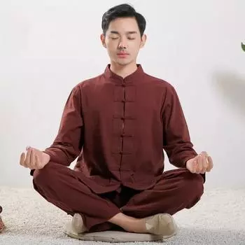 Мужской винтажный комплект одежды для тайцзи, рубашка с длинными рукавами и пуговицами + брюки, комплект из двух предметов XS