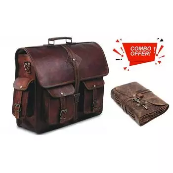 Мужской винтажный ноутбук, 19 дюймов, кожа ручной работы, портфель, сумка через плечо. С комбинированным кожаным дневником 19 x 13 x 5 in коричневый