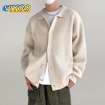 Мужской винтажный толстый вязаный полосатый свитер Y2K, кардиган, трикотажное пальто, толстовки, корейская зимняя одежда, верхняя одежда для мужчин, уличная одежда